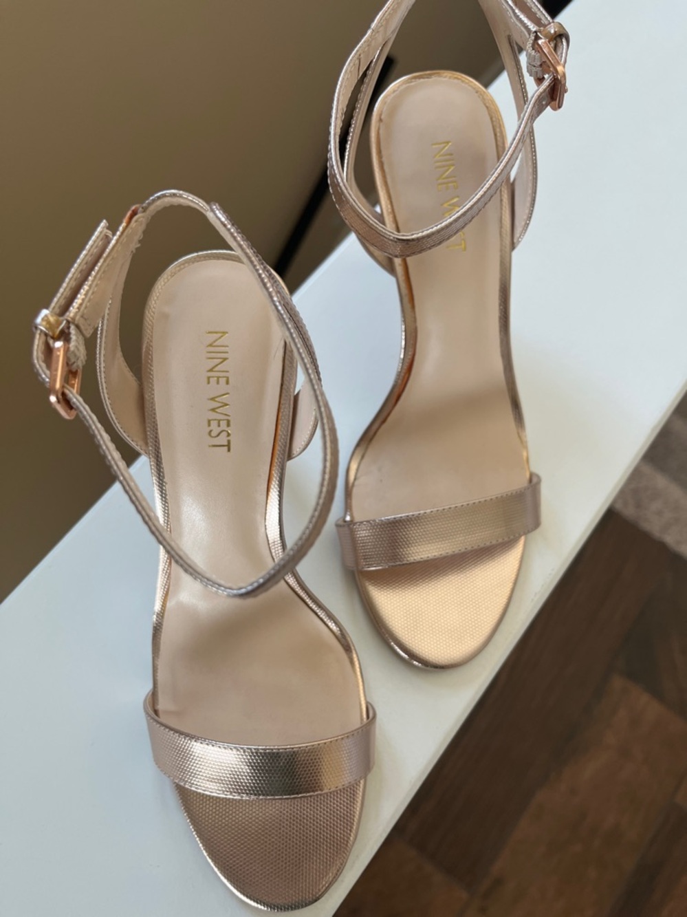 Nine West Metallic Rose Gold Ankle-Strap Stiletto Sandals - Picture 3 of 9